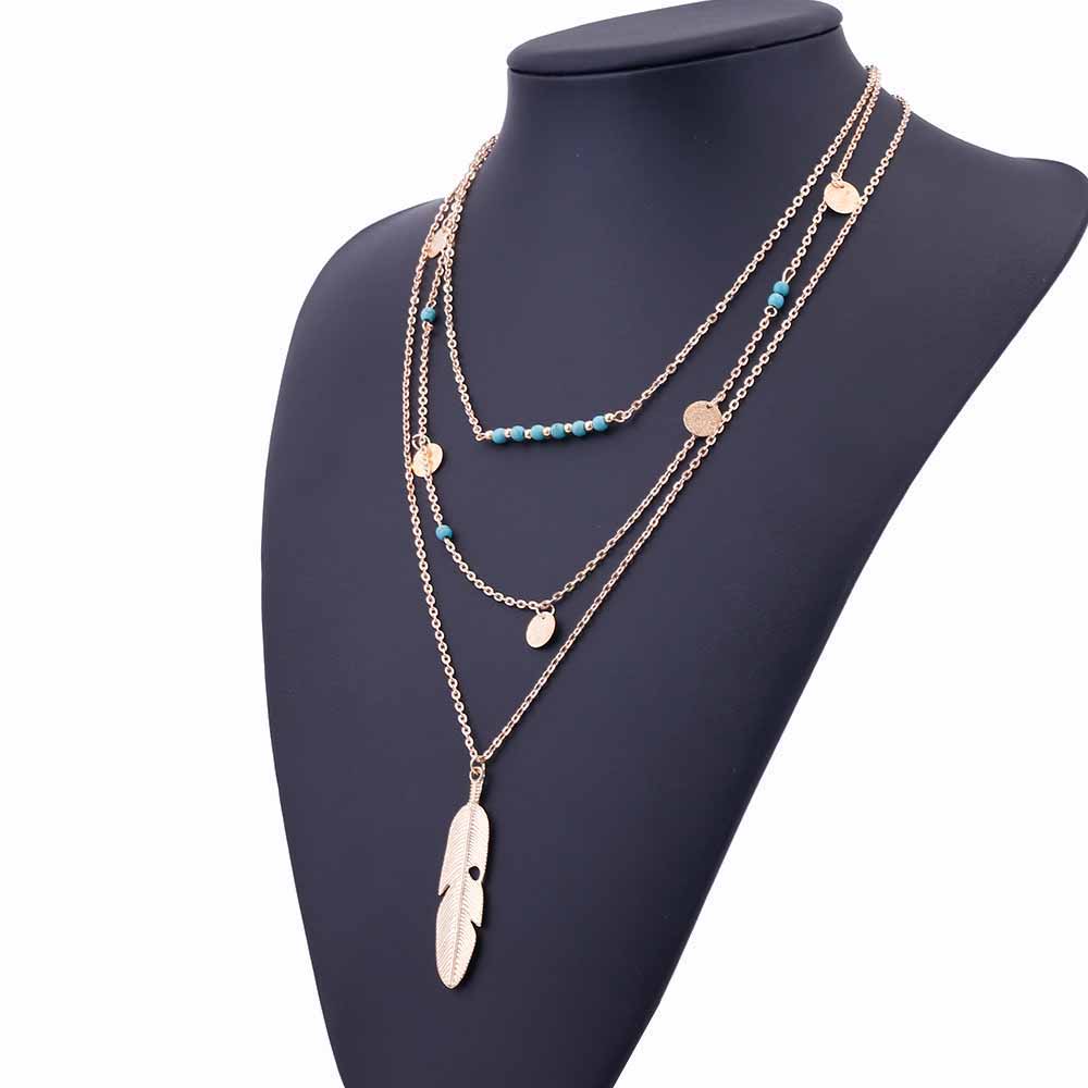 KISS WIFE 2017 New Fashion Feather Necklace Leaf Layer 3 Necklace Multilayer Necklace Women