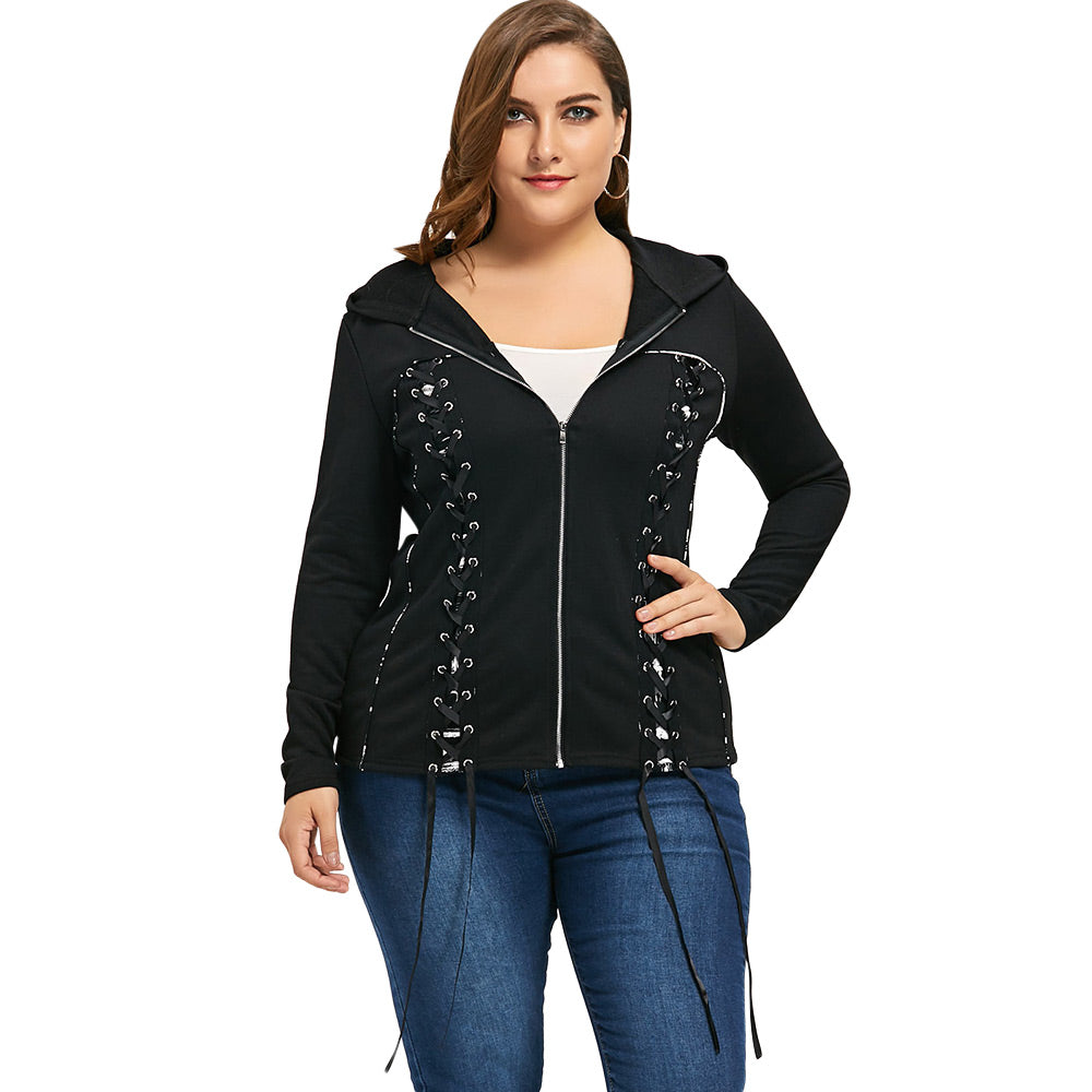 Autumn Women Double Lace-up Zip Up Hooded Coat Plus Size 3XL Fashion Black Elastic Jackets Casual Female Outwear Tops