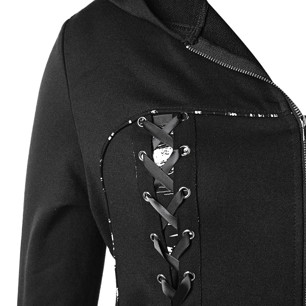 Autumn Women Double Lace-up Zip Up Hooded Coat Plus Size 3XL Fashion Black Elastic Jackets Casual Female Outwear Tops