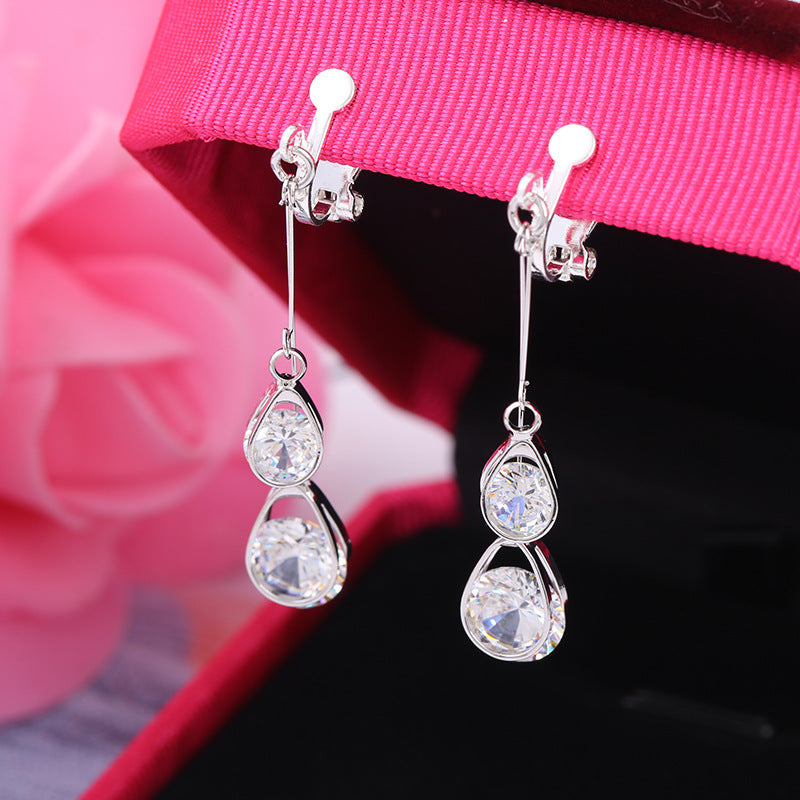 Water drop droplet clip on Earrings long Zircon Earrings ear clip non pierced earrings Korean luxury fashion jewelry