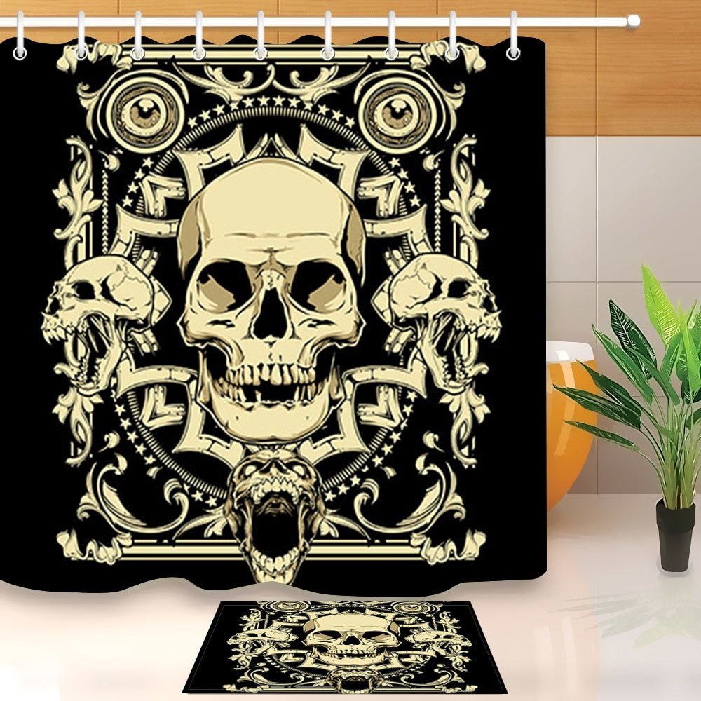 Skull Extra Long Black Shower Curtain And Bath Mat Set