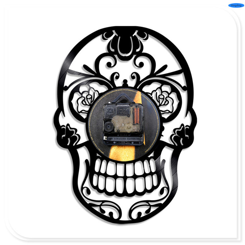 LED Lighting Tattoo Salon Creative CD Vinyl Record 3D Skull Wall Clock Classic Art Handmade Home Decor Clock