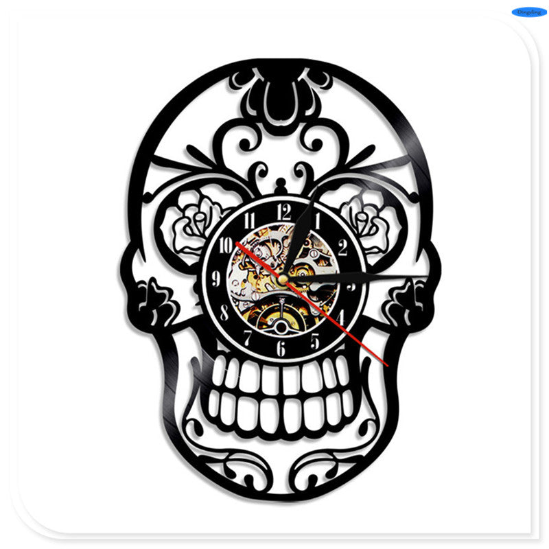 LED Lighting Tattoo Salon Creative CD Vinyl Record 3D Skull Wall Clock Classic Art Handmade Home Decor Clock