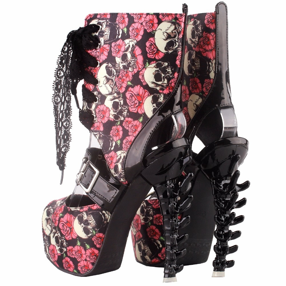 Punk Skull Rose Print Stud Buckle Lace Bone Heel Club Ankle Boo0tie Sandals