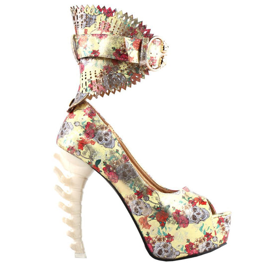 Floral Skull Pattern Gladiator Buckle Platform Bone Heels Pumps