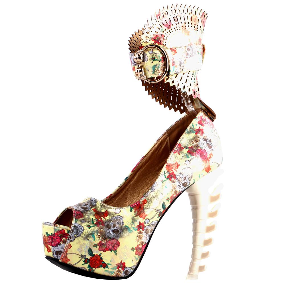 Floral Skull Pattern Gladiator Buckle Platform Bone Heels Pumps