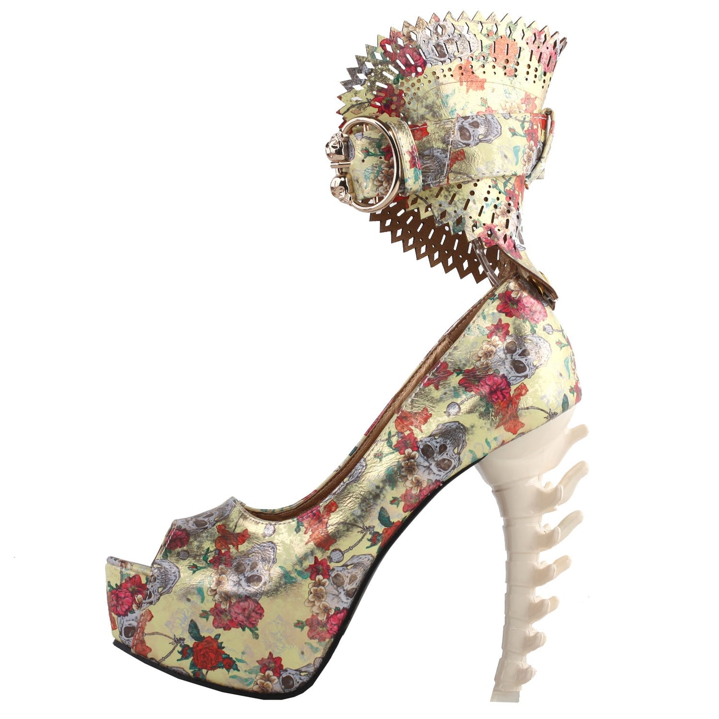 Floral Skull Pattern Gladiator Buckle Platform Bone Heels Pumps