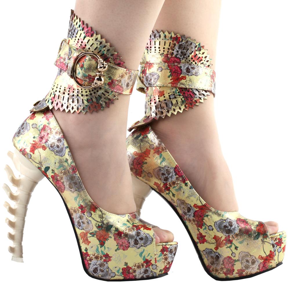 Floral Skull Pattern Gladiator Buckle Platform Bone Heels Pumps