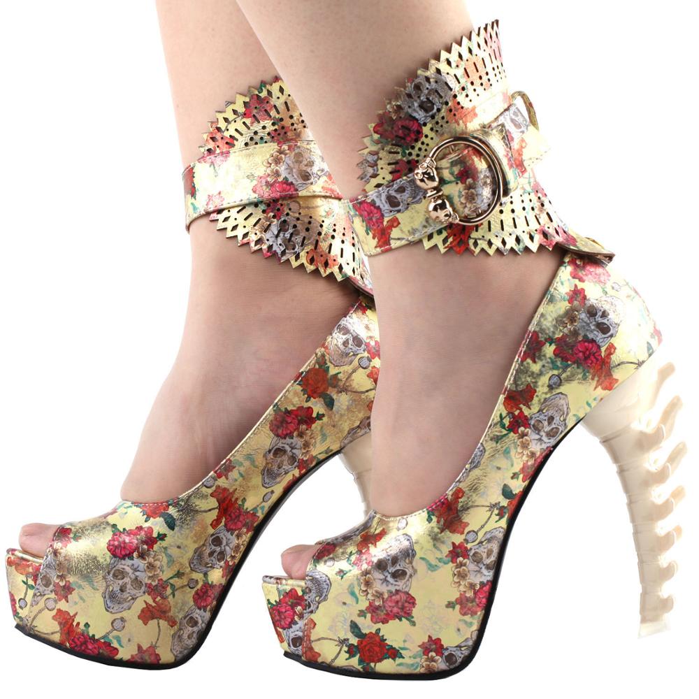 Floral Skull Pattern Gladiator Buckle Platform Bone Heels Pumps