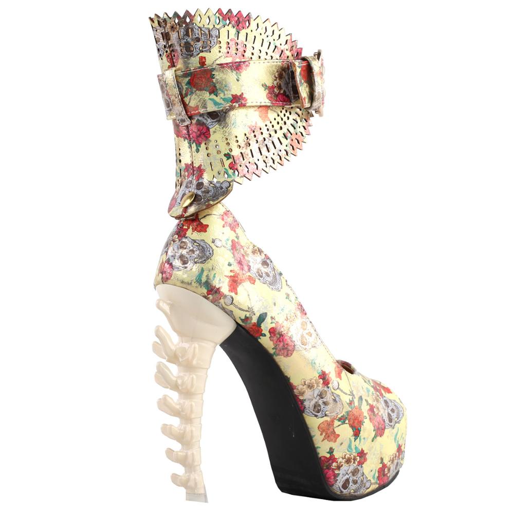 Floral Skull Pattern Gladiator Buckle Platform Bone Heels Pumps
