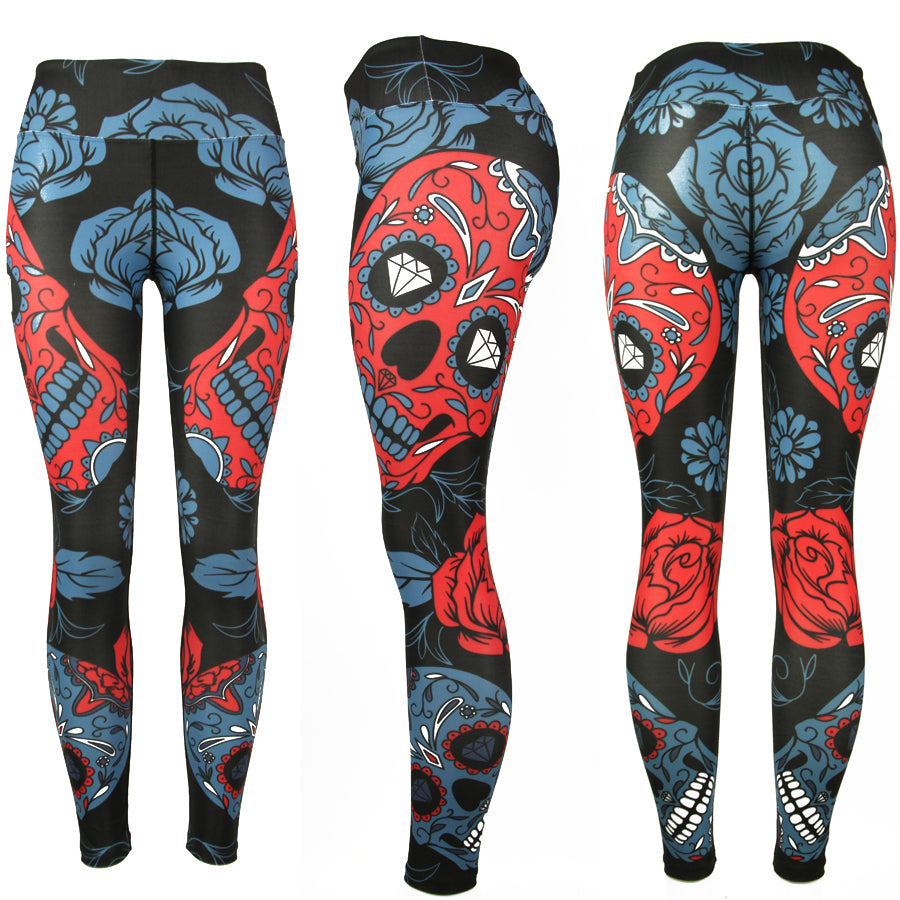 Sports Leggings Yoga Pants Blue Sugar Skull Women Fitness Rapper Leggings Tight Pants Gym Training Sports Running Legging