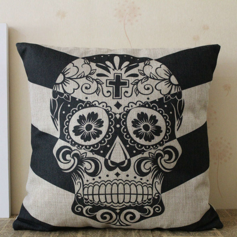 18x18" Vintage Happy Halloween Big Arrow Sugar Skull Geometric Gift Present Burlap Cushion Cover Case Throw Pillowcase