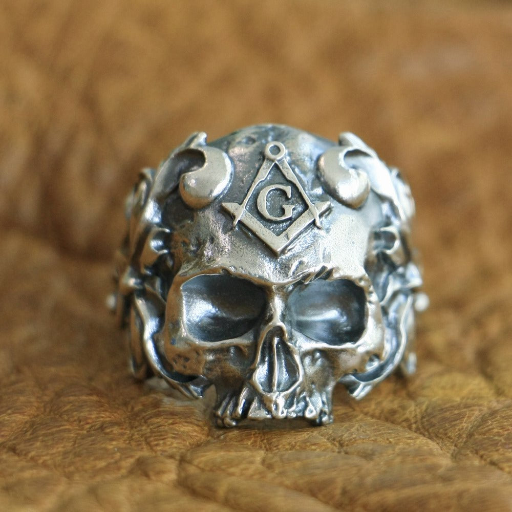 925 Sterling Silver Masonic Skull Ring Mens Biker Punk Ring TA116 US Size 7~15