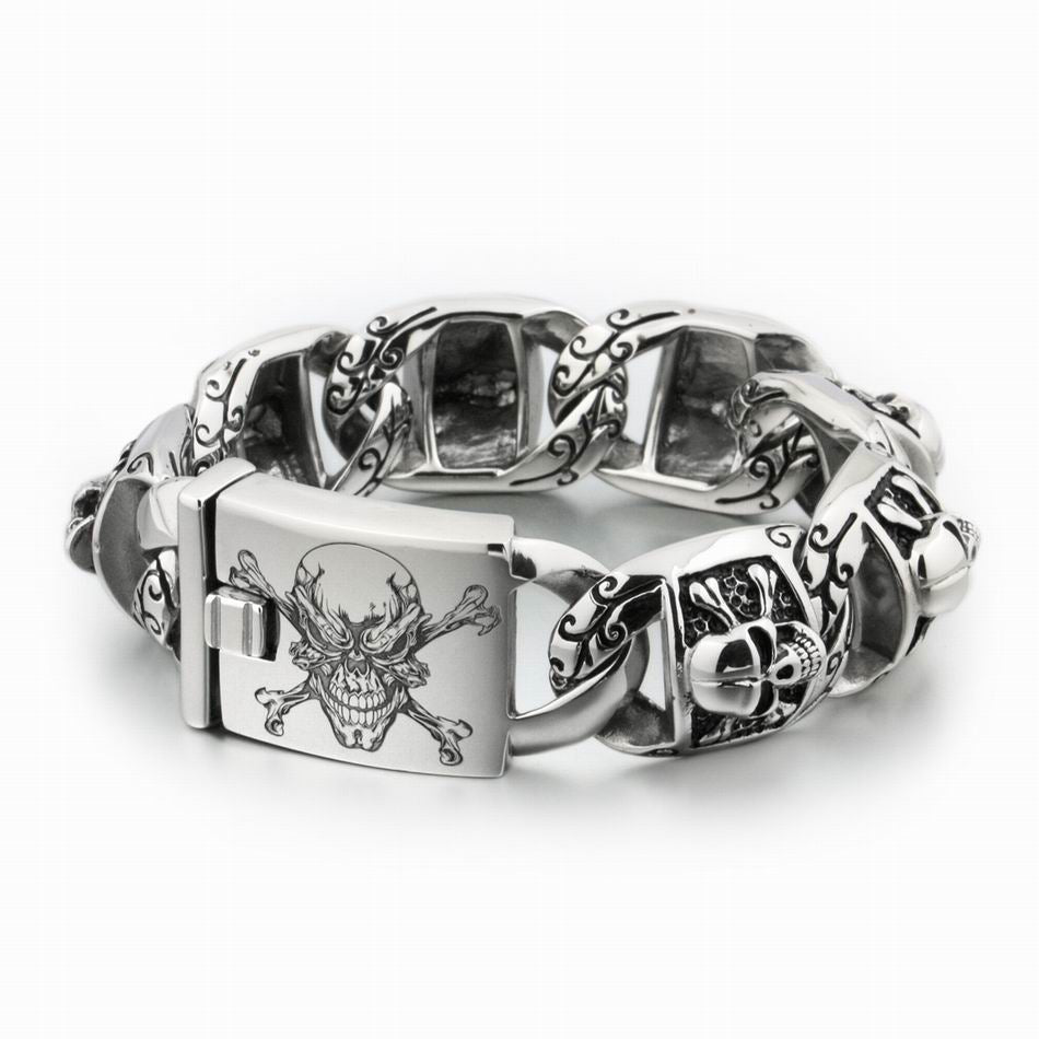 Huge Heavy 316L Stainless Steel Deep Laser Engraved Pirate Skull Bracelet