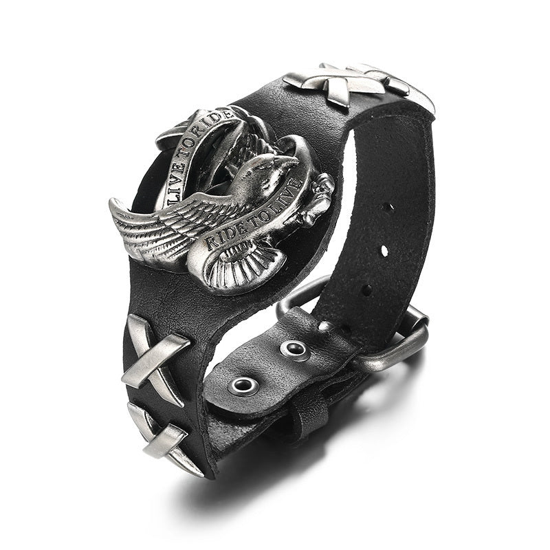 LIVE TO RIDE, RIDE TO LIVE Leather Bikers Bracelet for Men 60's Styled Motorcycle Adjustable Bangle Male Hip-hop Jewelry