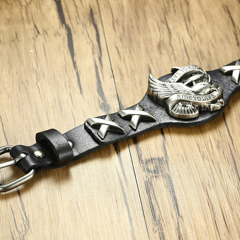 LIVE TO RIDE, RIDE TO LIVE Leather Bikers Bracelet for Men 60's Styled Motorcycle Adjustable Bangle Male Hip-hop Jewelry