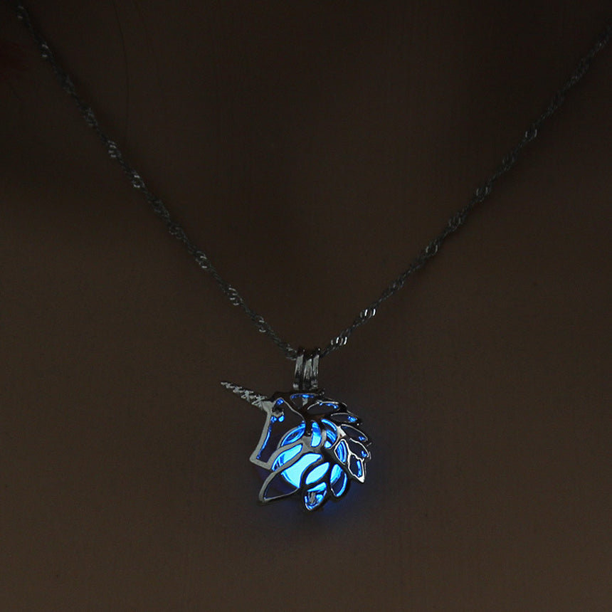 Glow in The Dark Hollow Animal Unicorn Necklace Women Jewelry Luminous Silver Pendant Chain Choker Necklaces