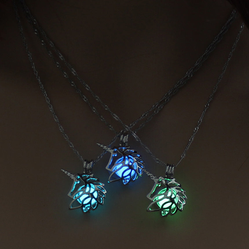 Glow in The Dark Hollow Animal Unicorn Necklace Women Jewelry Luminous Silver Pendant Chain Choker Necklaces