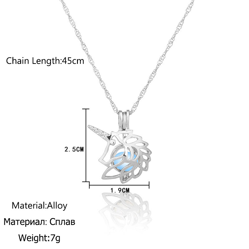 Glow in The Dark Hollow Animal Unicorn Necklace Women Jewelry Luminous Silver Pendant Chain Choker Necklaces