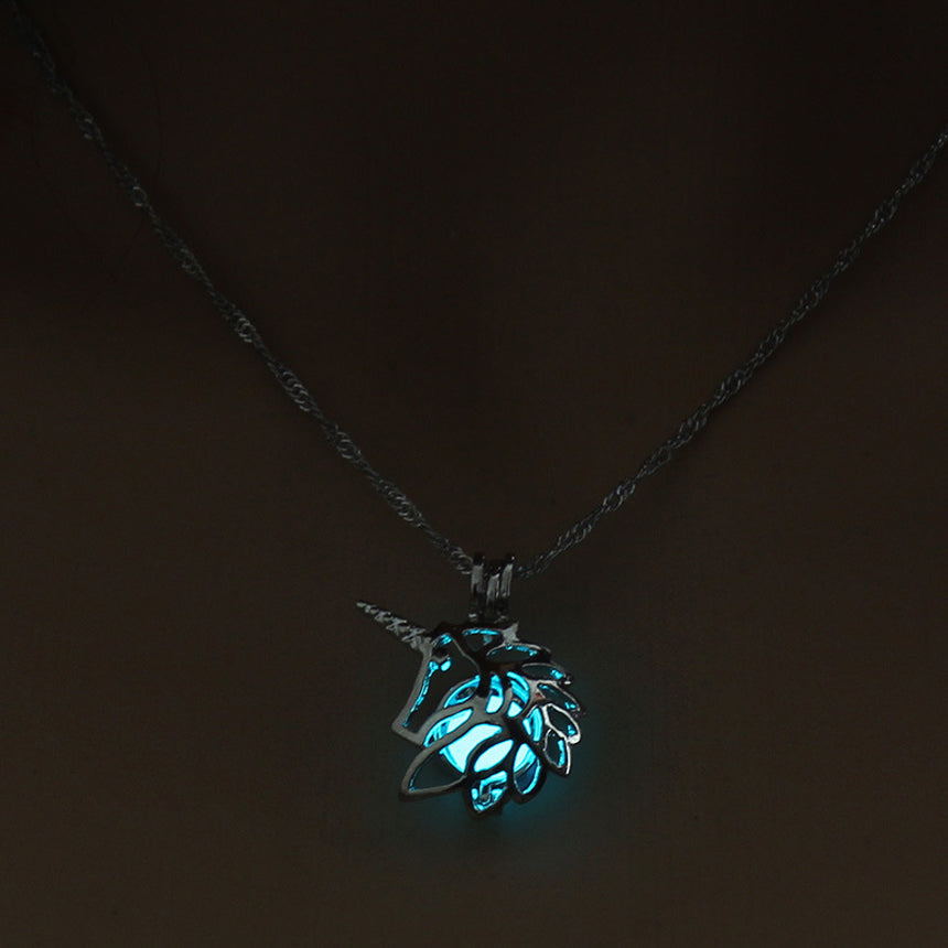 Glow in The Dark Hollow Animal Unicorn Necklace Women Jewelry Luminous Silver Pendant Chain Choker Necklaces