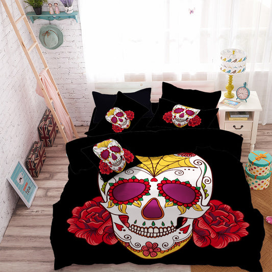 Ladies Sugar Skull Bedding Set Red Flowers Print Duvet Cover Bed Linens Sheet Cover Pillowcase Home Decor Quilt Cover D45