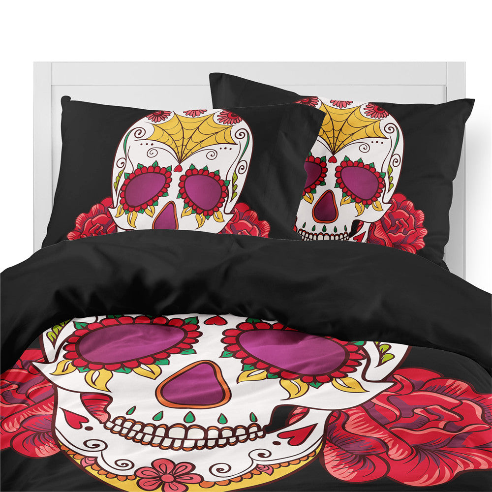 Ladies Sugar Skull Bedding Set Red Flowers Print Duvet Cover Bed Linens Sheet Cover Pillowcase Home Decor Quilt Cover D45