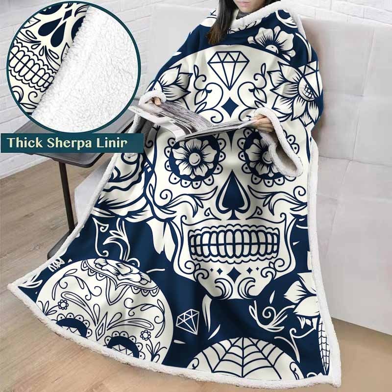 3D Printed Black And White Sugar Skull Throw Blanket Winter Thick