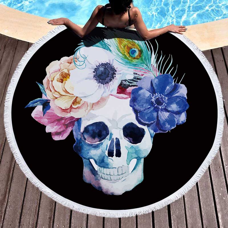 Lannidaa Sugar Skull Round Beach Towel Flowers Large Beach Towels For Adults Microfiber Towel Bath Serviette De Plage Beach Mat