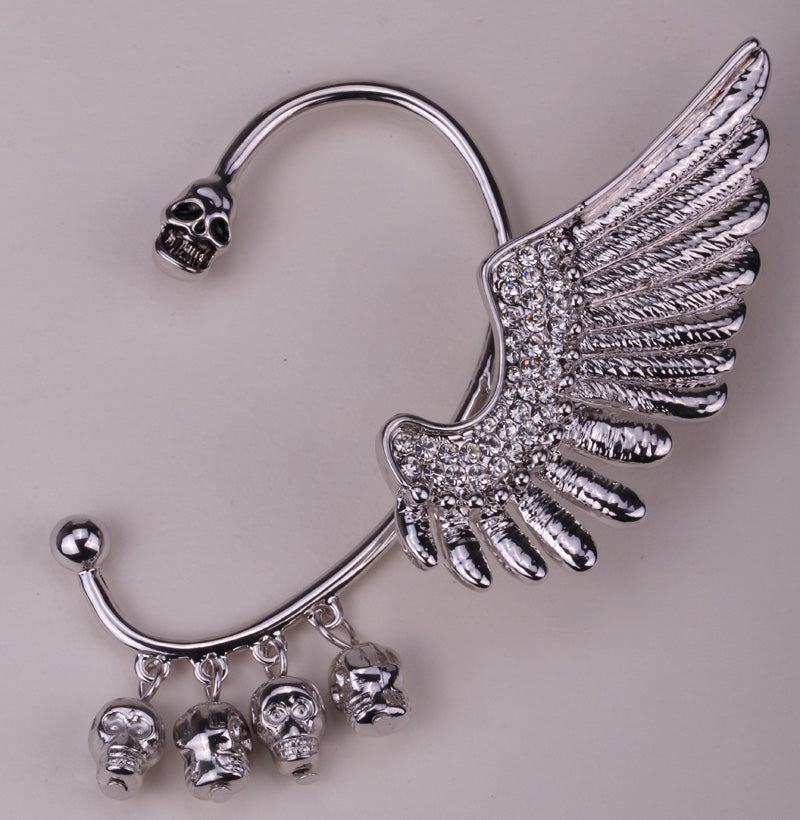 Left ear clip cuff earrings Wing skull hiphop jewelry for women W crystal antique gold silver color