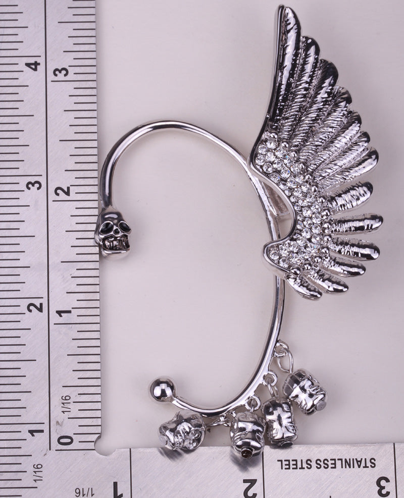 Left ear clip cuff earrings Wing skull hiphop jewelry for women W crystal antique gold silver color
