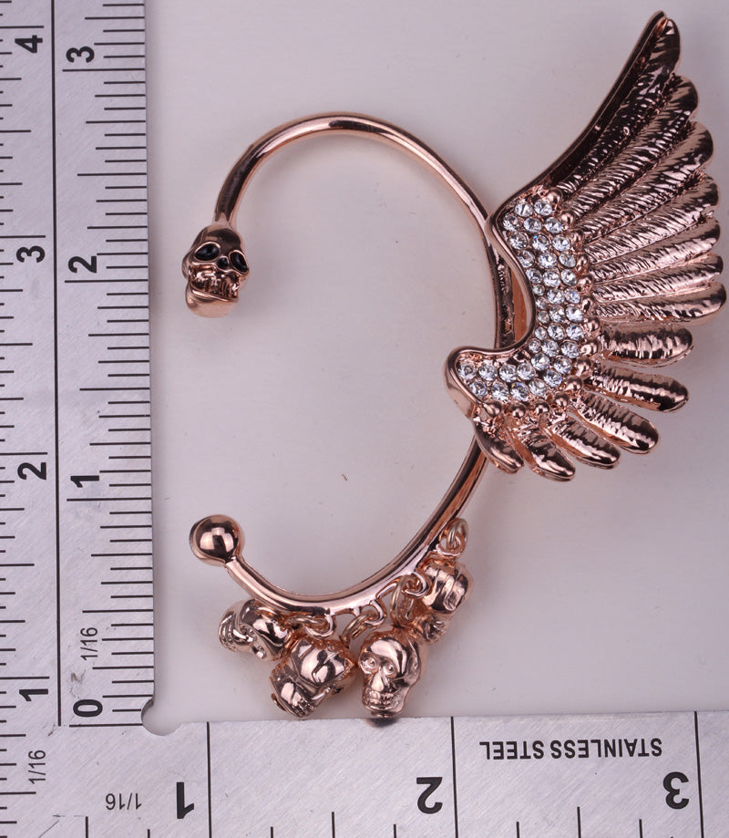 Left ear clip cuff earrings Wing skull hiphop jewelry for women W crystal antique gold silver color