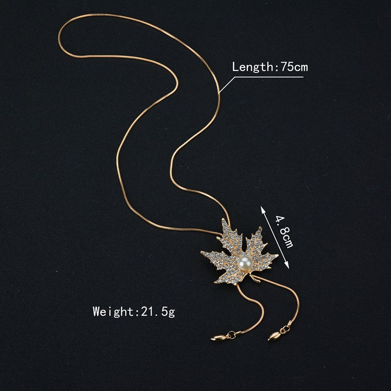 Long Necklaces Sweater Chain Fashion Fine Metal Chain Crystal Rhinestone Flower Leaves Pendant Necklace Pearl Jewelry
