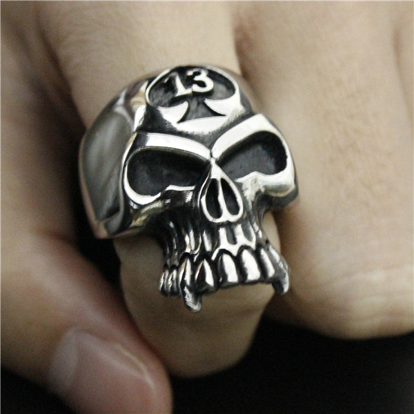 Lucky 13 Biker Ring Stainless Steel Jewelry Spade Skull Ring Band Party Motor Biker Club Ring