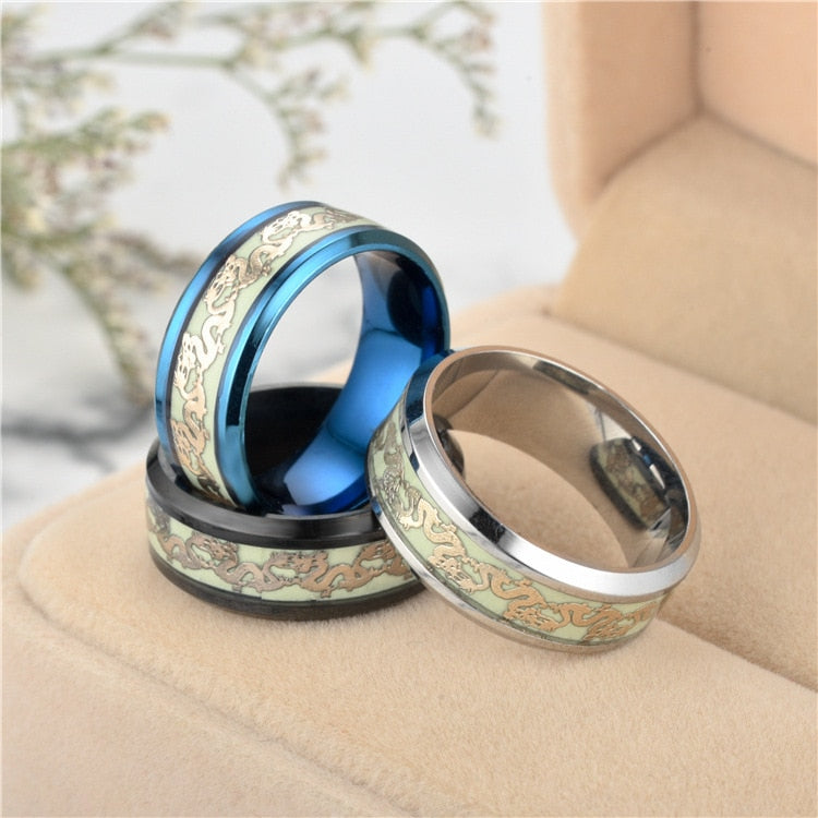 Dragon Rings for Men Black Gold Blue Color Stainless Steel Women Rings Trendy Glow In The Dark Male Band Ring Jewelry