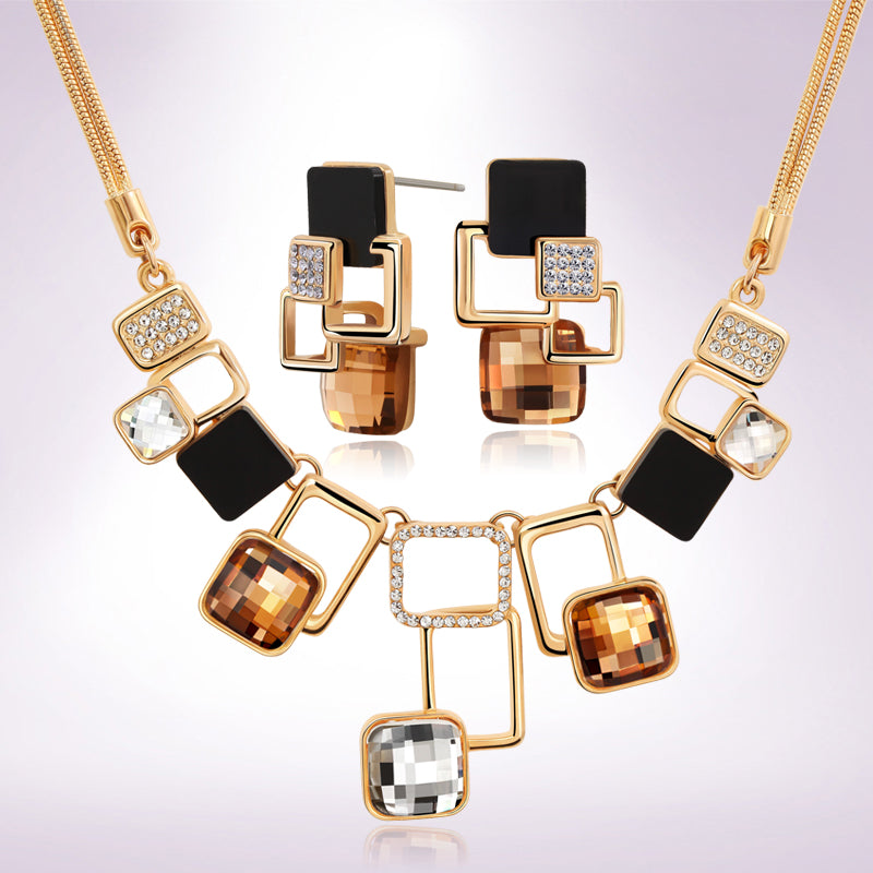 Luxury Crystals Square Jewelry Sets Geometric Earrings Square Pendant Snake Chain Necklace Jewelry Women Parure Bijoux