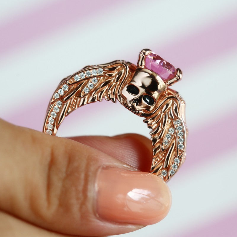 Luxury Rose Gold Ring Engagement Skull Angel Wings Rings For Women Gothic Red Cystal Wedding Band Bridal Accessory Jewelry