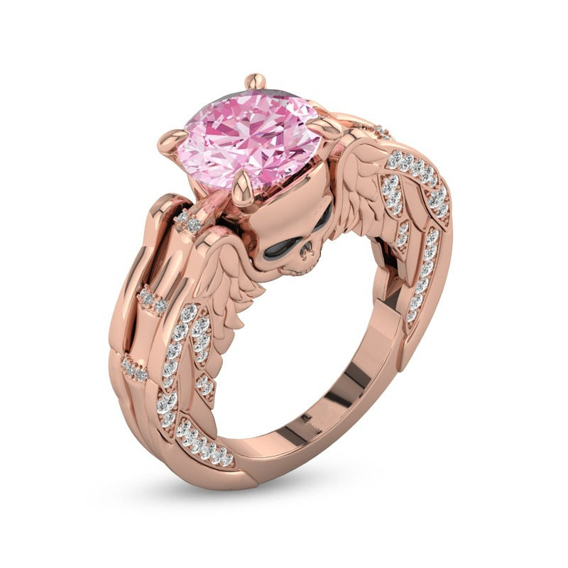 Luxury Rose Gold Ring Engagement Skull Angel Wings Rings For Women Gothic Red Cystal Wedding Band Bridal Accessory Jewelry