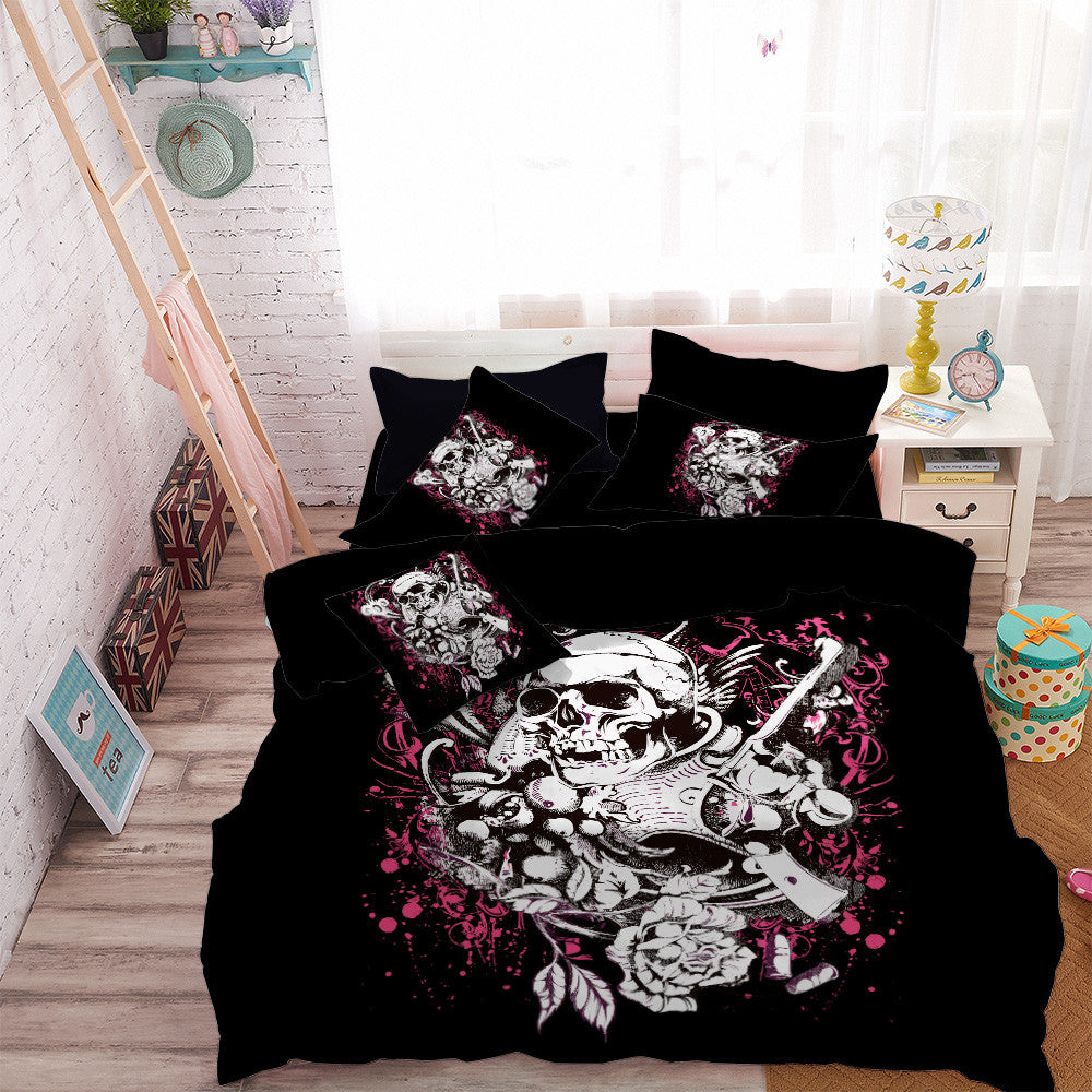 Luxury White Gun Skull Bedding Set Hot Pink Flower Duvet Cover Set Pillowcase Ladies Sweet Bedclothes House Decor Bed Cover D49