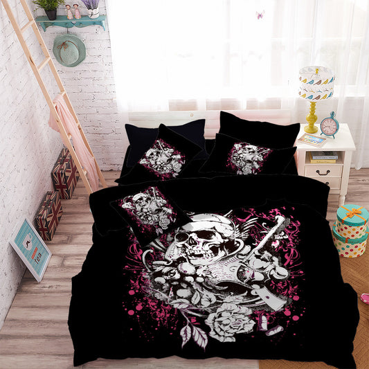 Luxury White Gun Skull Bedding Set Hot Pink Flower Duvet Cover Set Pillowcase Ladies Sweet Bedclothes House Decor Bed Cover D49