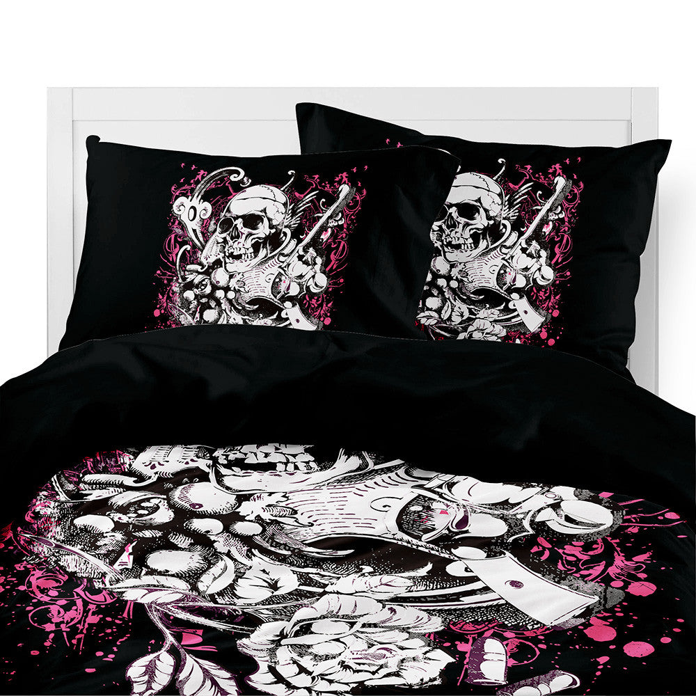 Luxury White Gun Skull Bedding Set Hot Pink Flower Duvet Cover Set Pillowcase Ladies Sweet Bedclothes House Decor Bed Cover D49