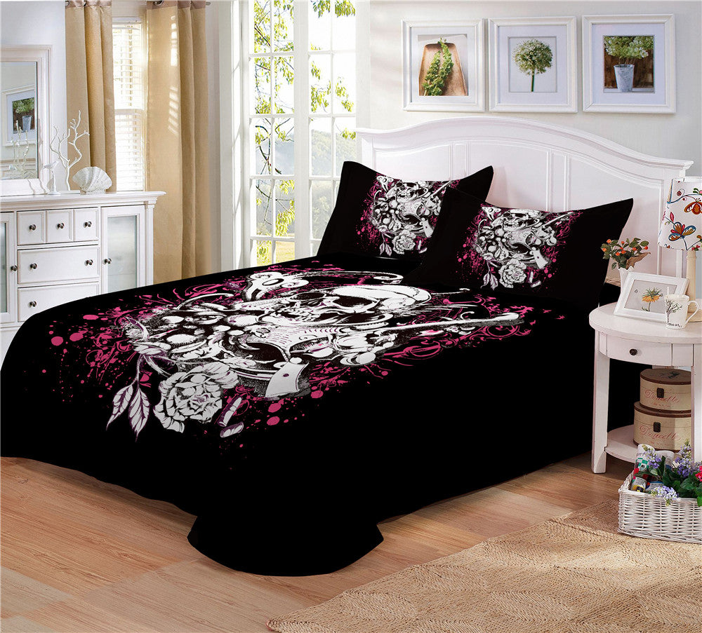 Luxury White Gun Skull Bedding Set Hot Pink Flower Duvet Cover Set Pillowcase Ladies Sweet Bedclothes House Decor Bed Cover D49
