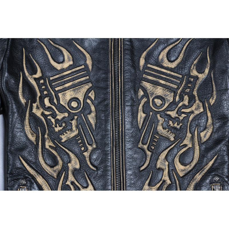 Motorcycle Leather Jacket Men Leather Jacket Skull Cowhide Black Vintage Genuine Leather Jacket Mens Biker Coat 092