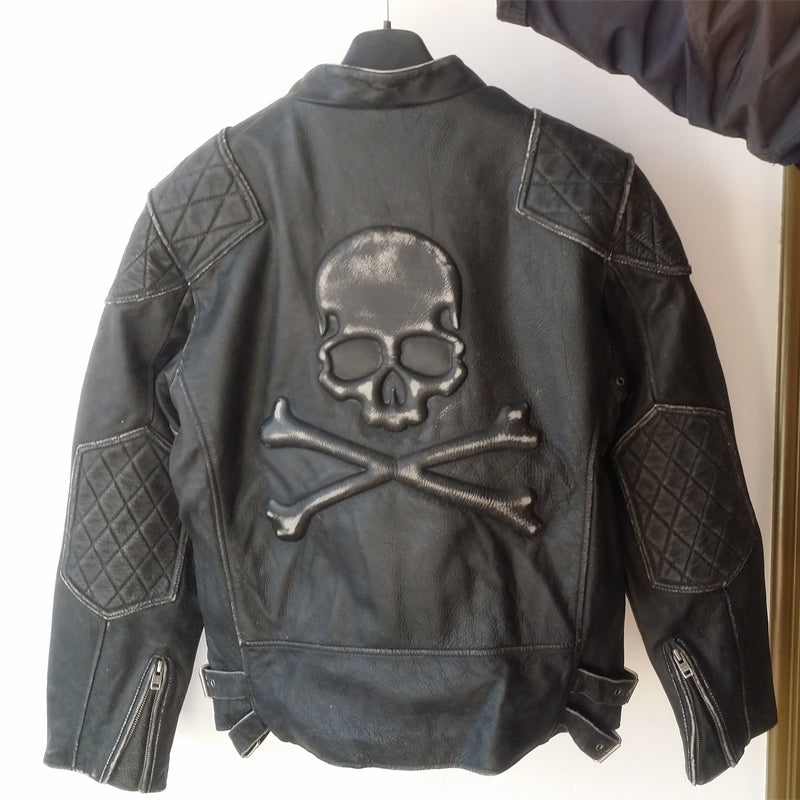 Vintage Men Leather Jacket Skull Calfskin Cowhide Motorcycle Jacket Motor Biker Clothing Distressed Leather Coat M135