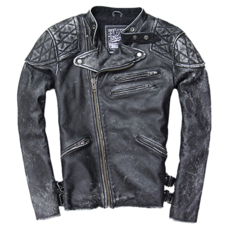 Vintage Men Leather Jacket Skull Calfskin Cowhide Motorcycle Jacket Motor Biker Clothing Distressed Leather Coat M135