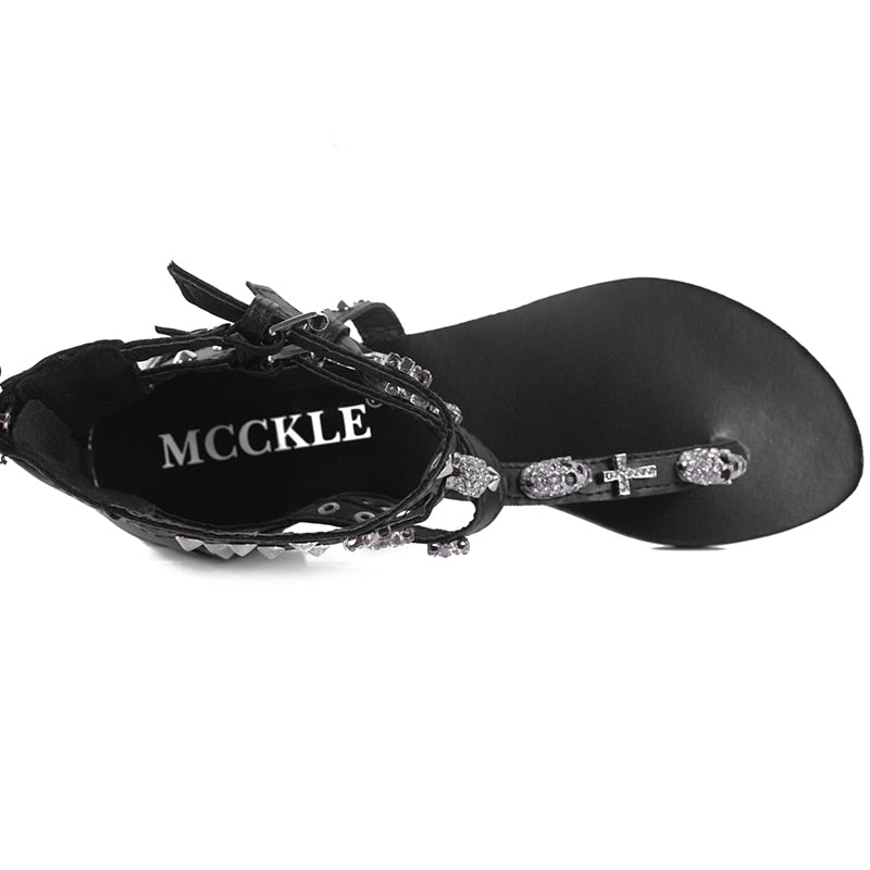 Woman Fashion Thong Sandals Rhinestone Crosses Skull