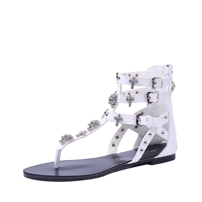 Woman Fashion Thong Sandals Rhinestone Crosses Skull