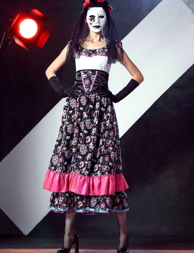 Sexy Bone Printing Halloween Costumes for Women Cosplay Party Dress Costumes Ghost Bride Carnival Costume