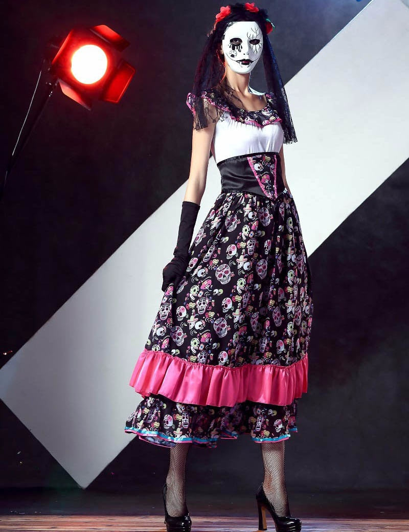 Sexy Bone Printing Halloween Costumes for Women Cosplay Party Dress Costumes Ghost Bride Carnival Costume