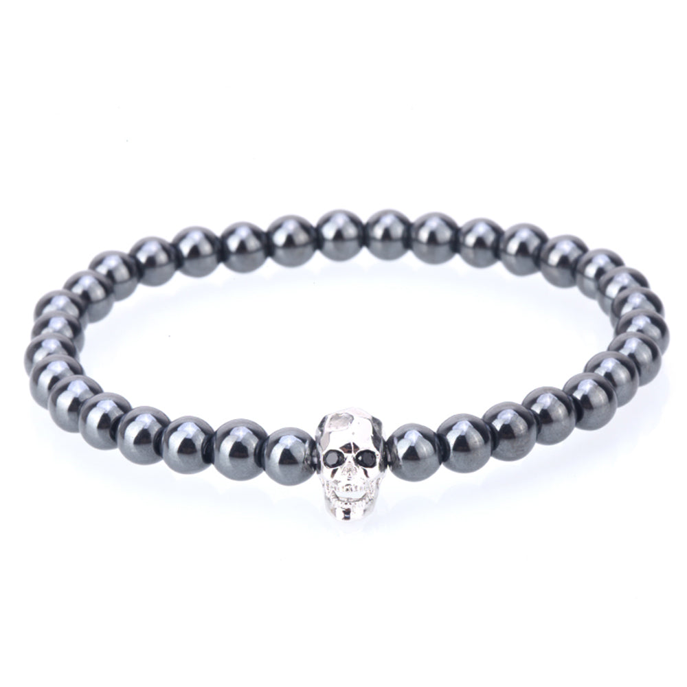 Black Hematite Stone Bead Bracelet Male Skull Charms Bracelet & Bangle Men Bijoux Nature Stone man bracelets bangles