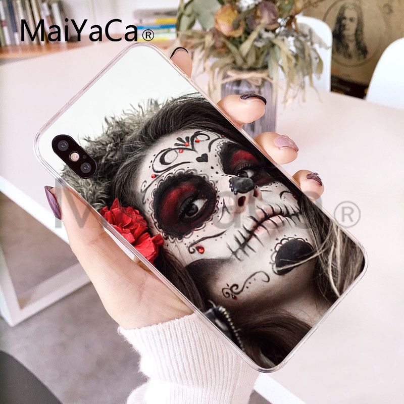 Funny Sugar Skull Girl Tattoo Transparent Shell Phone Case For iphone